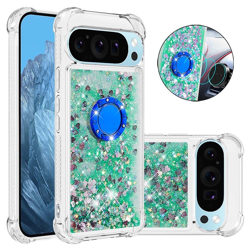 Glitt přesýpací gelový obal s kroužkem na prst na Google Pixel 10 - zelený/srdíčka