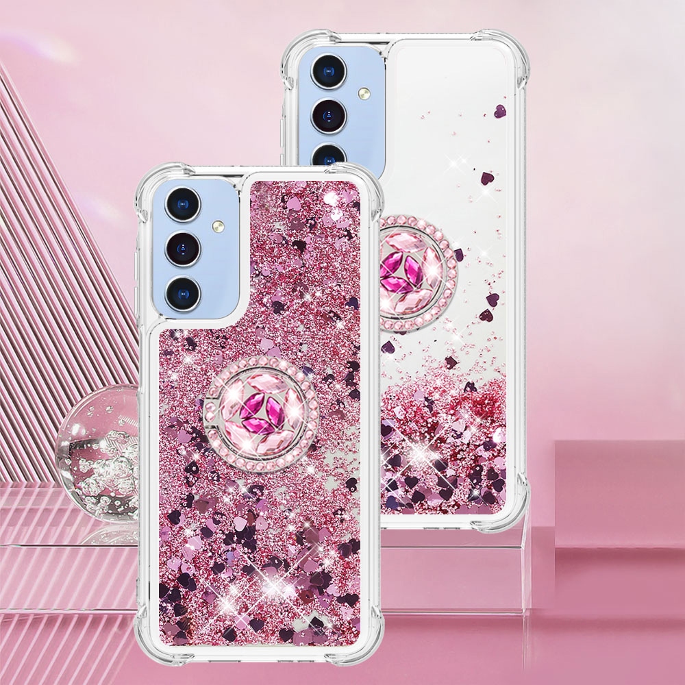 Glitt přesýpací gelový obal s kroužkem na prst na Samsung Galaxy A17 5G - růžovozlatý/srdíčka