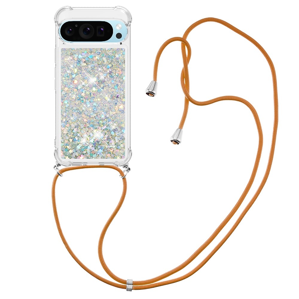 Glitters přesýpací gelový obal se šňůrkou na Google Pixel 10 Pro/Pixel 10 - stříbrný/srdíčka