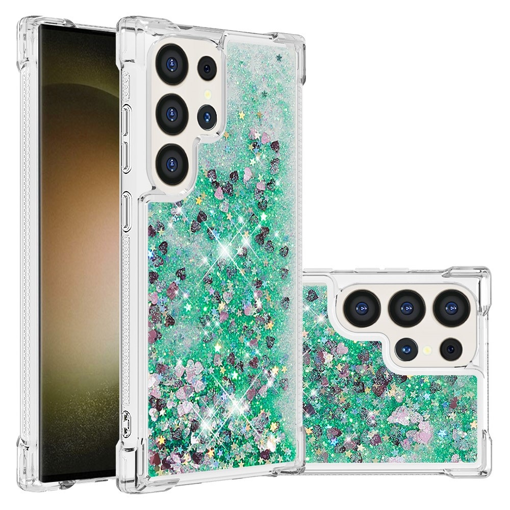 Glitter přesýpací gelový obal na Samsung Galaxy S24 Ultra - zelený/srdíčka
