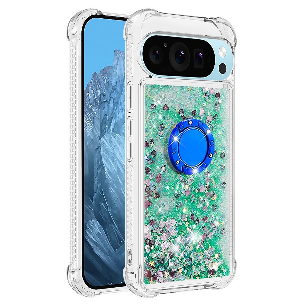 Glitt přesýpací gelový obal s kroužkem na prst na Google Pixel 10 - zelený/srdíčka