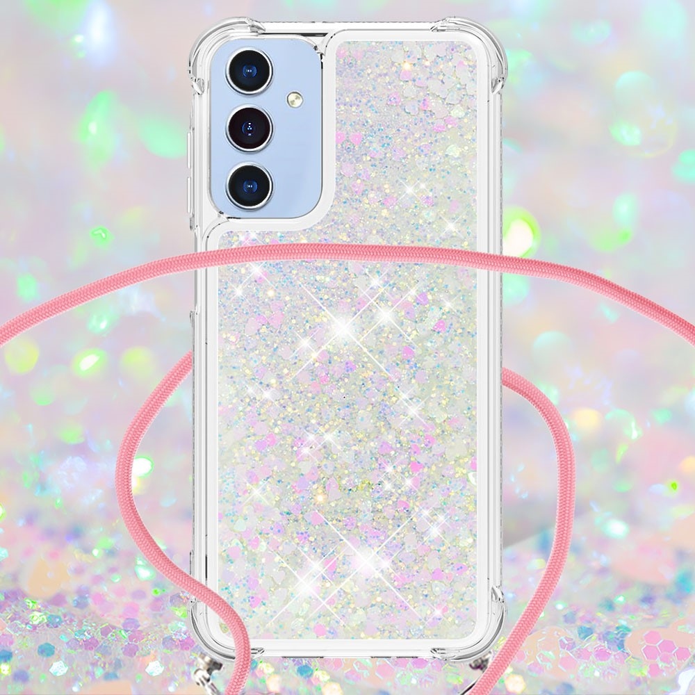 Glitters přesýpací gelový obal se šňůrkou na Samsung Galaxy A26 5G - růžovostříbrný/srdíčka