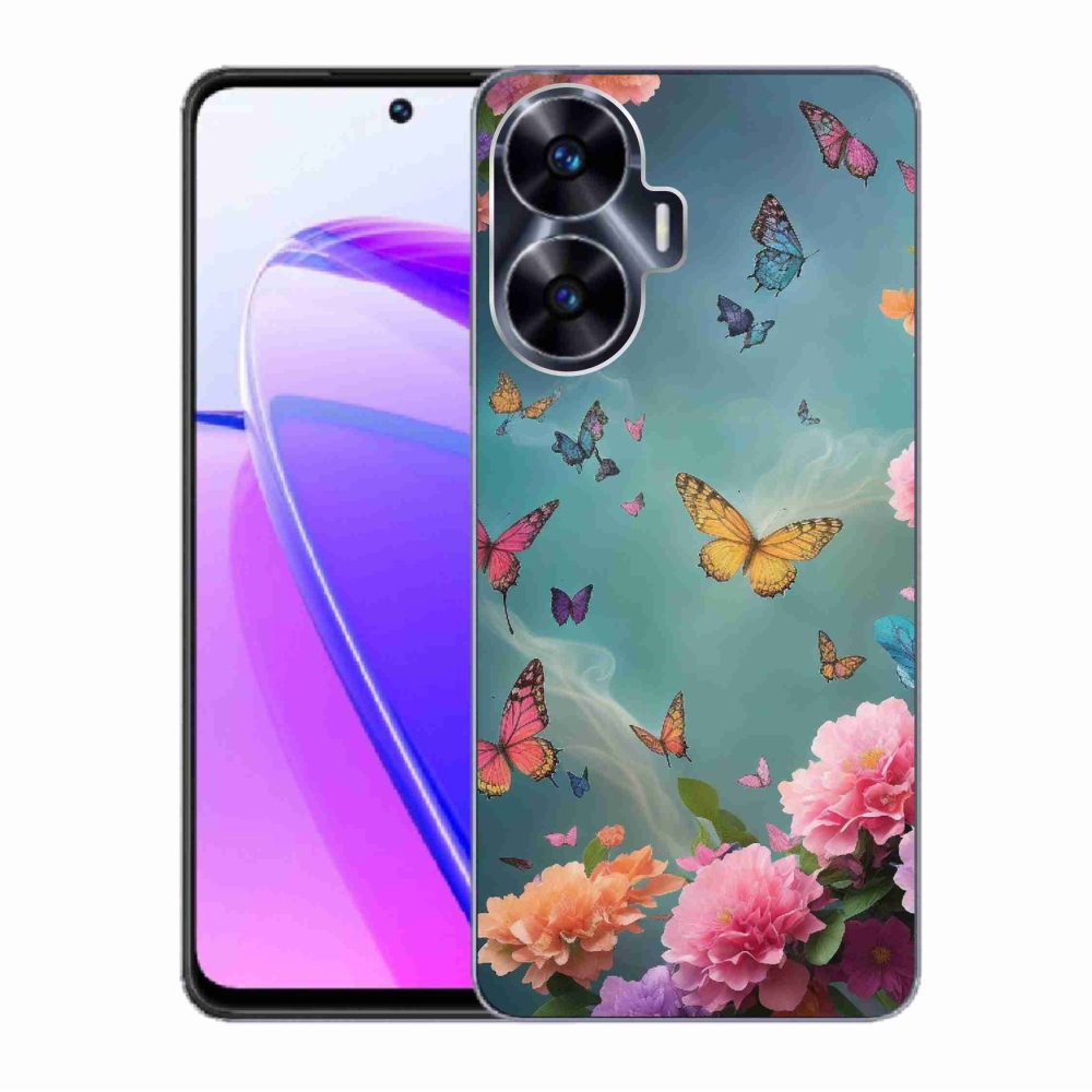 Gelový kryt mmCase na Realme C55 - barevné květy a motýli