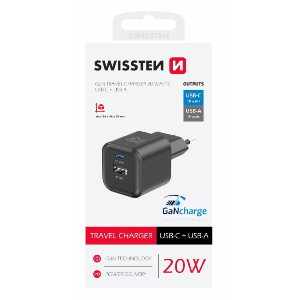 Nabíječka Swissten GaN 1x USB-C 20W PD + 1x USB-A 18W QC - černá