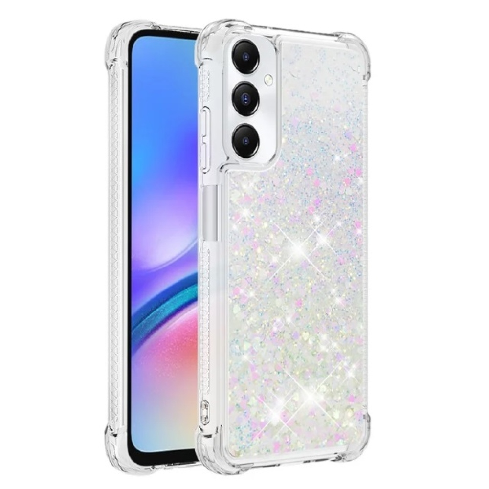 Glitter gelový přesýpací obal na Samsung Galaxy A05s - růžovostříbrný/srdíčka