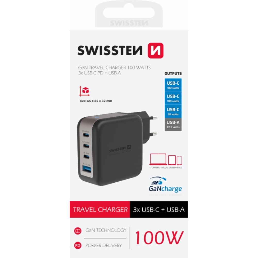 Síťový adaptér Swissten GaN 3x USB-C 100W PD + 1x USB-A 18W QC - černý