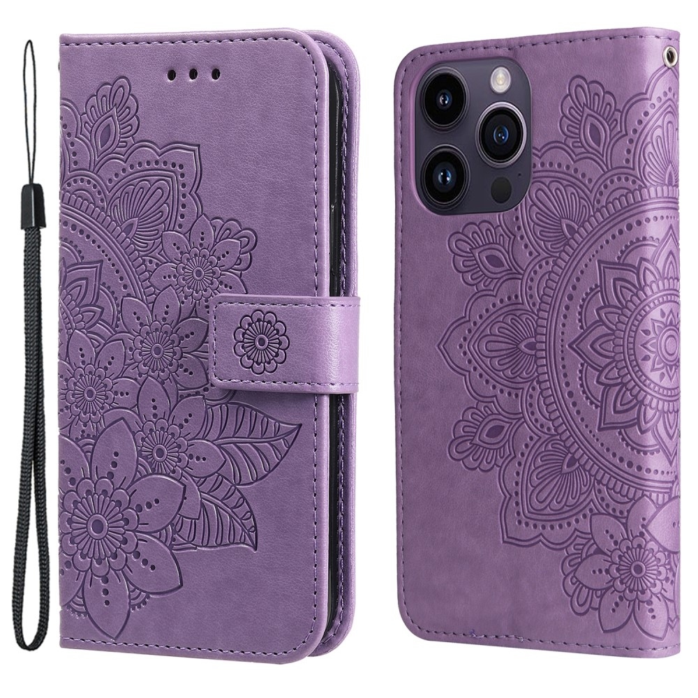 Mandala knížkové pouzdro na iPhone 15 Pro - fialové
