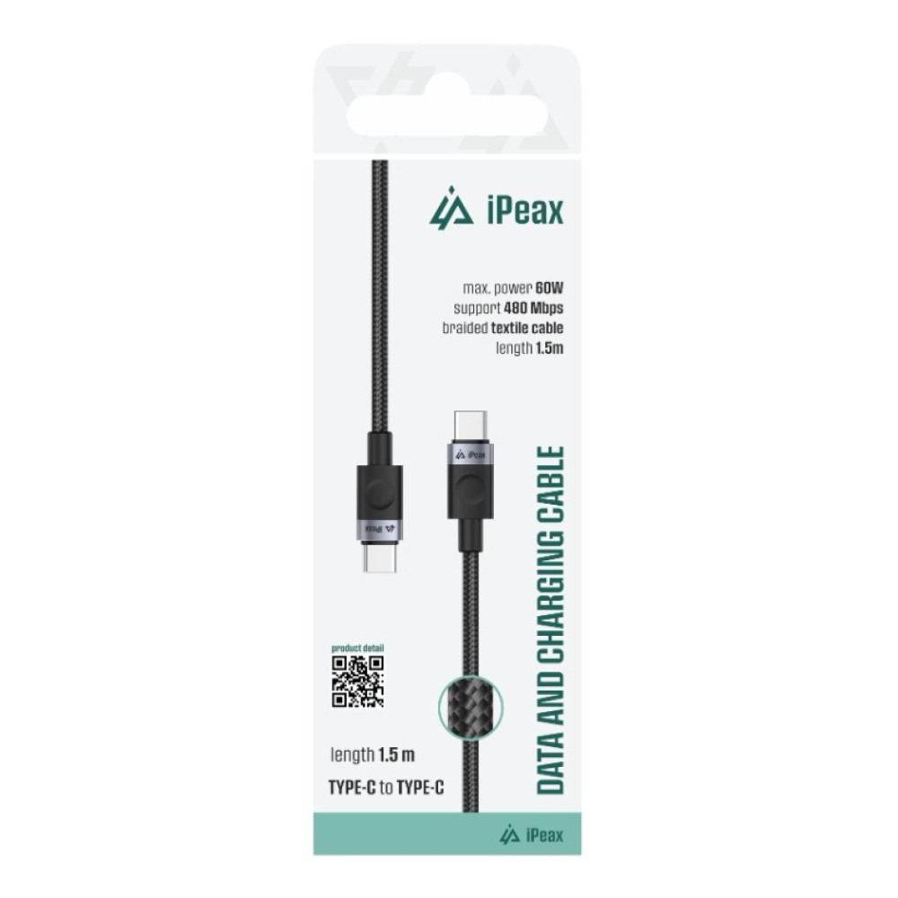 iPEAX textilní kabel USB-C / USB-C 1,5 m, USB 2.0 - černý