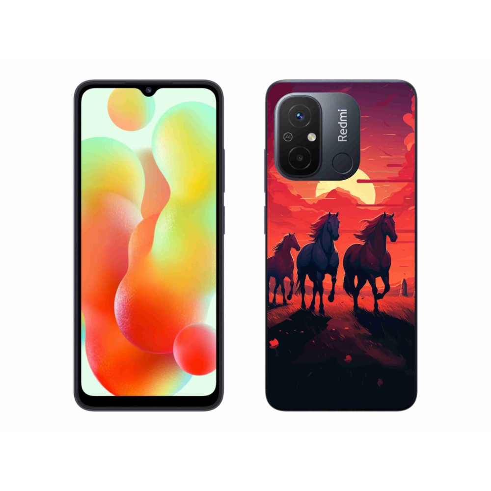 Gelový kryt mmCase na Xiaomi Redmi 12C - koně a západ slunce