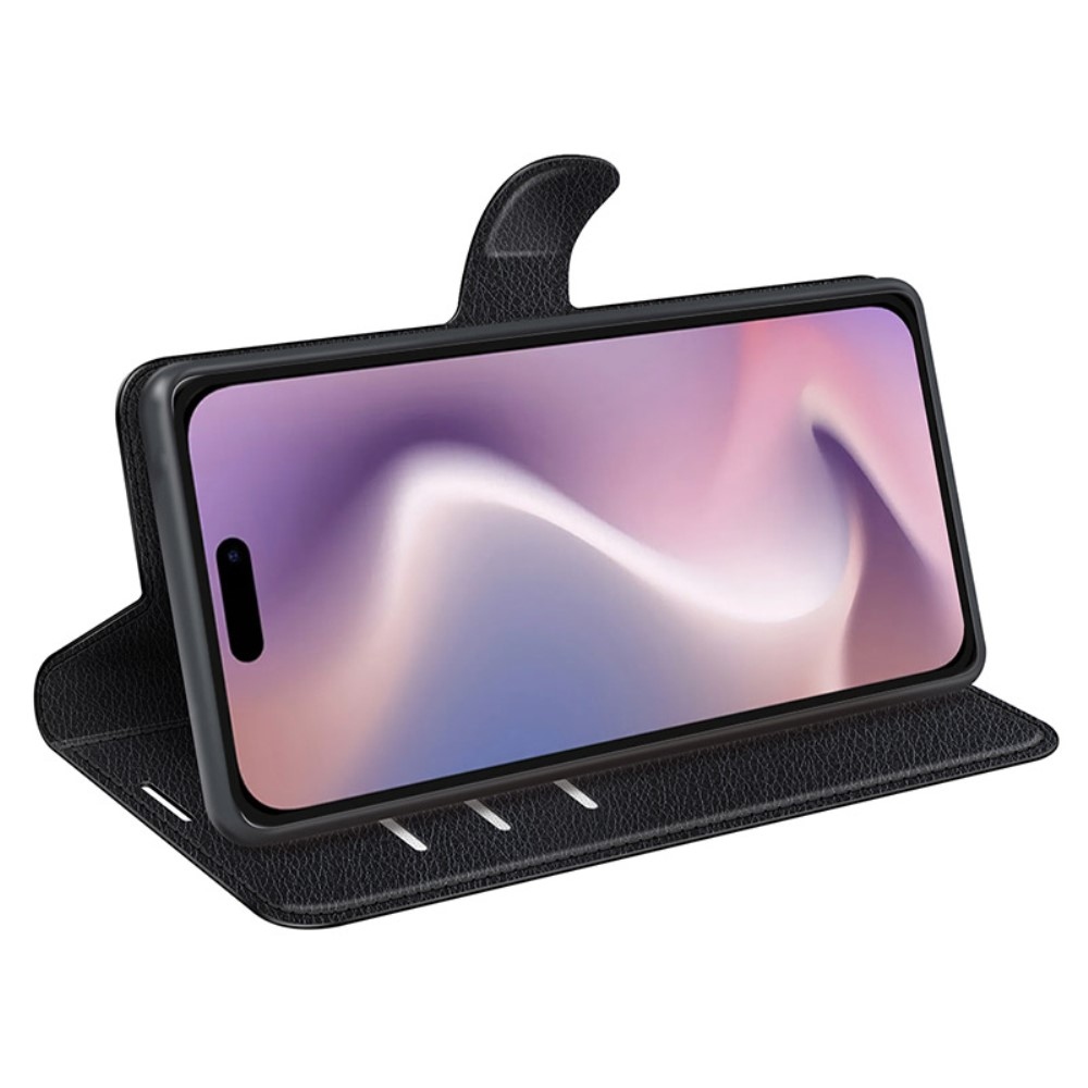Litchi knížkové pouzdro na iPhone 16 Plus - černé