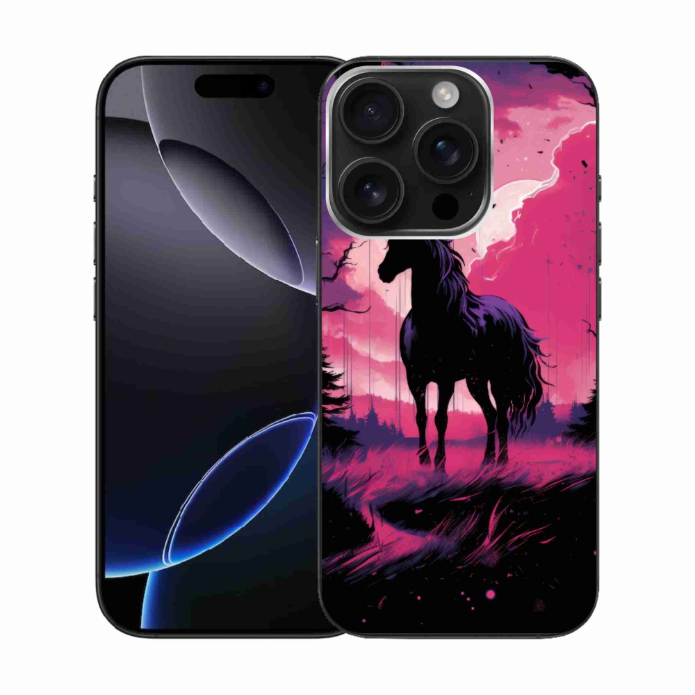 Gelový kryt mmCase na iPhone 16 Pro - černý kreslený kůň 1