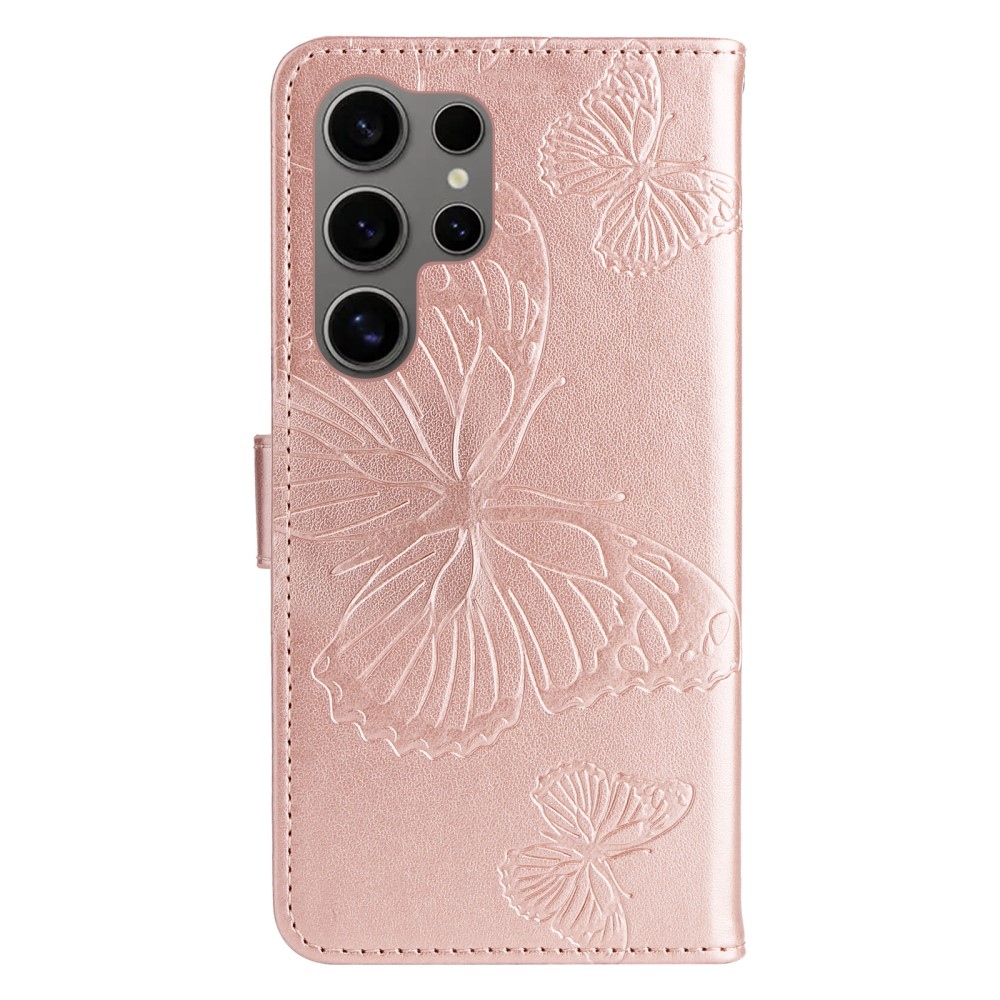 Big Butterfly knížkové pouzdro na Samsung Galaxy S25 Ultra - růžovozlaté