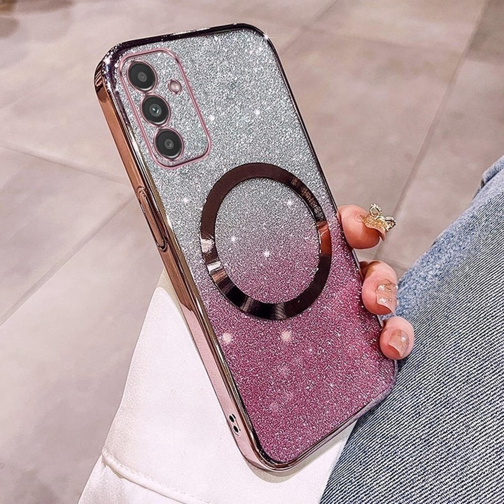 Gradient gelový třpytivý obal s podporou MagSafe na Samsung Galaxy S25 - růžovozlatý