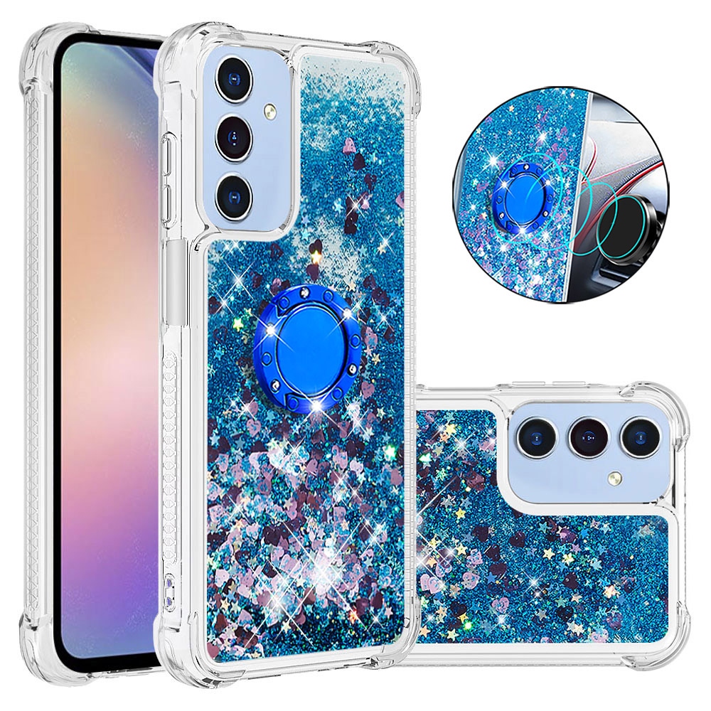 Glitt přesýpací gelový obal s kroužkem na prst na Samsung Galaxy A17 5G - modrý/srdíčka