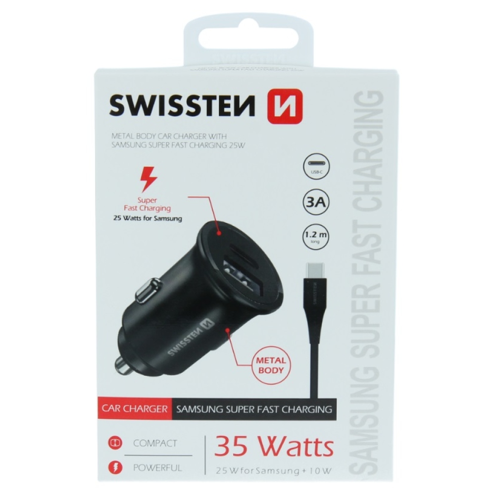 Rychlonabíječka do auta CL Swissten 25W + kabel USB-C/USB-C 1,2m - černá