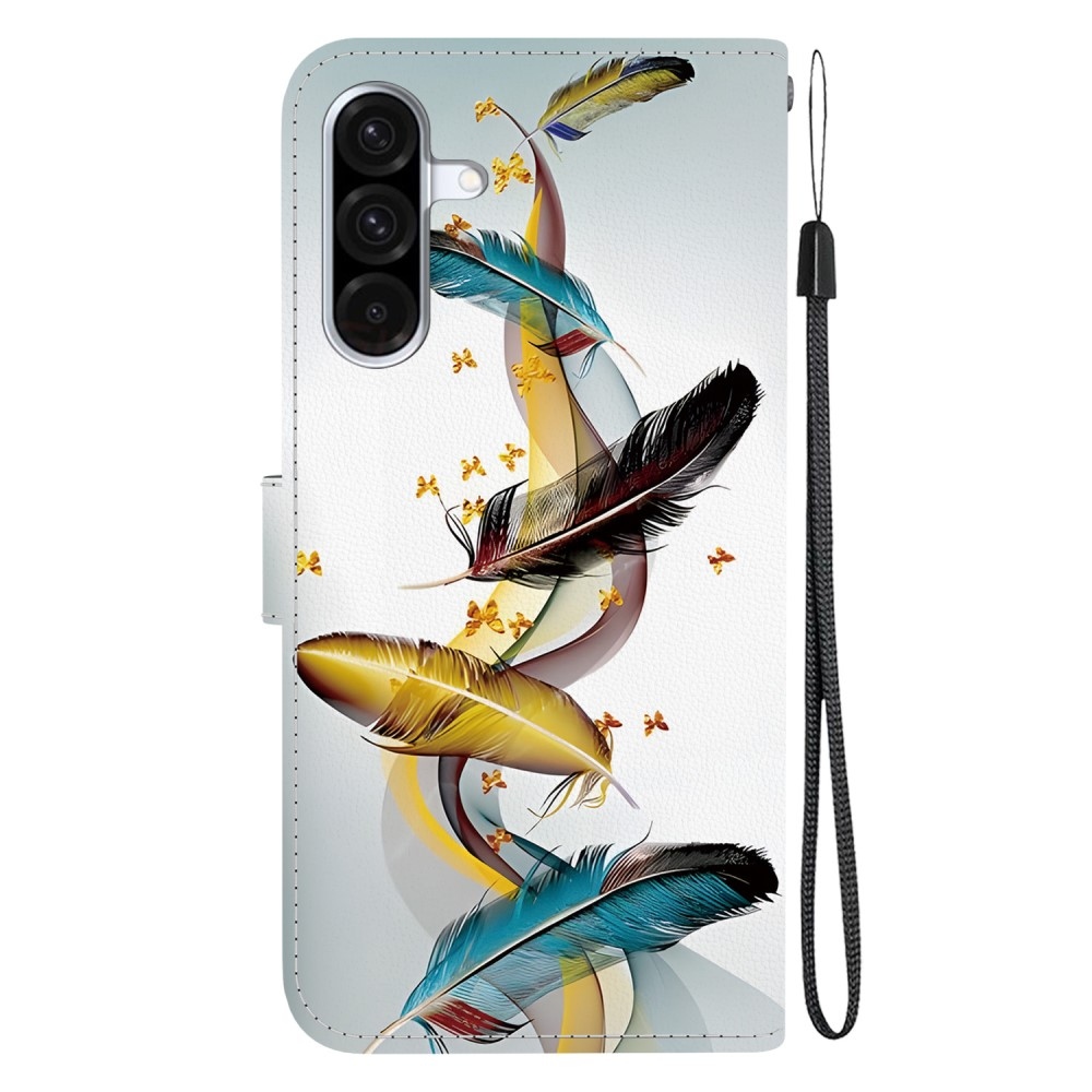 Versatile knížkové pouzdro na Samsung Galaxy A36 5G/A56 5G - zlatá a modrá pírka