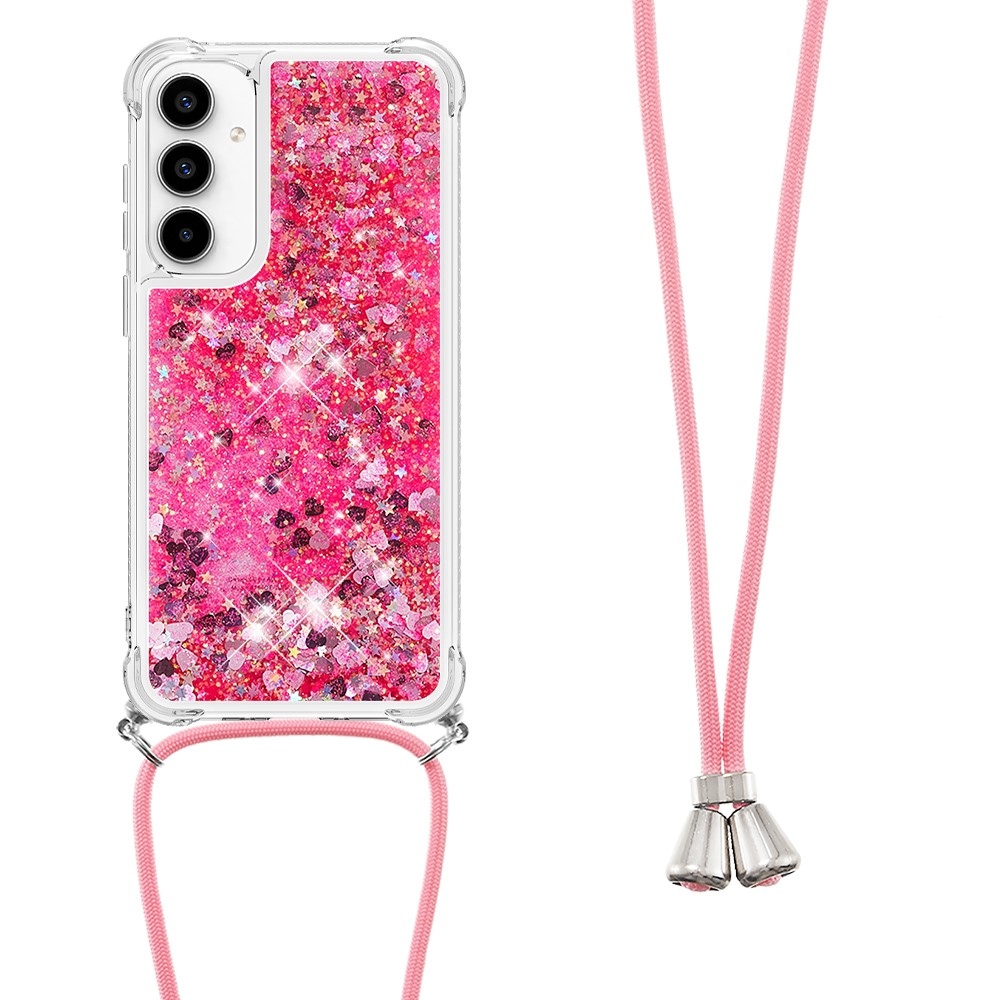 Glitters přesýpací gelový obal se šňůrkou na Samsung Galaxy A56 5G - růžový/srdíčka