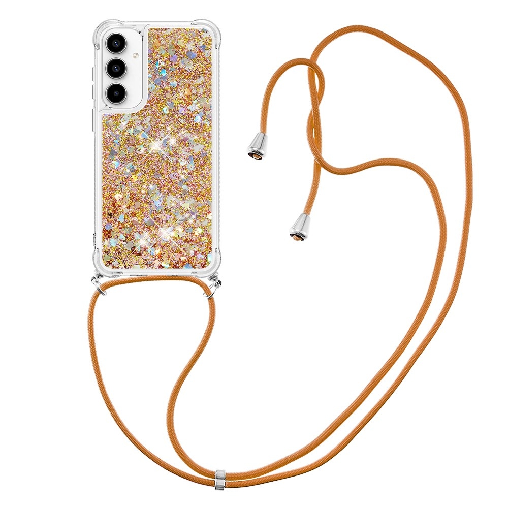 Glitters přesýpací gelový obal se šňůrkou na Samsung Galaxy A56 5G - zlatý/srdíčka