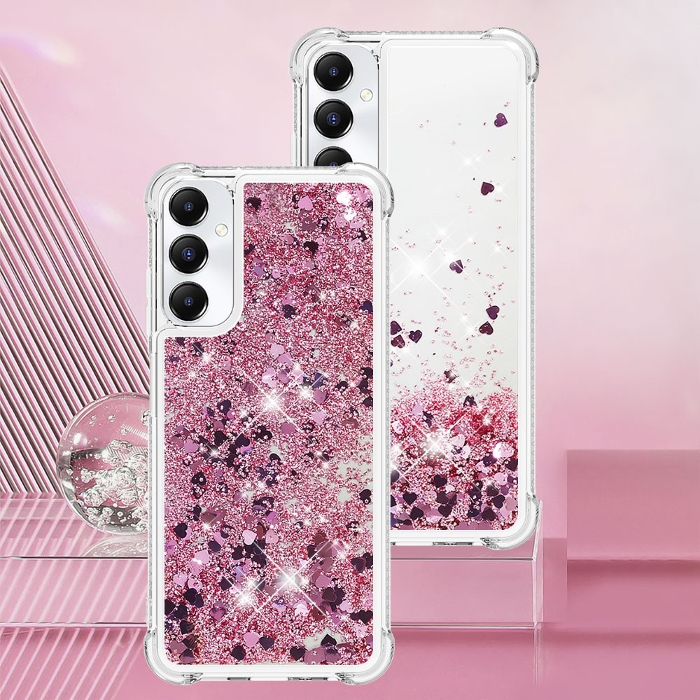 Glitter gelový přesýpací obal na Samsung Galaxy A05s - růžovozlatý/srdíčka