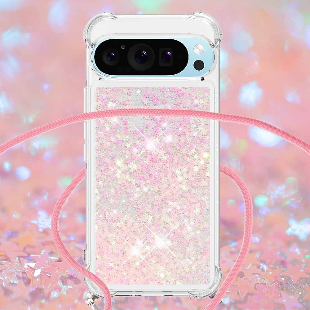 Glitters přesýpací gelový obal se šňůrkou na Google Pixel 10 Pro/Pixel 10 - růžový/hvězdičky