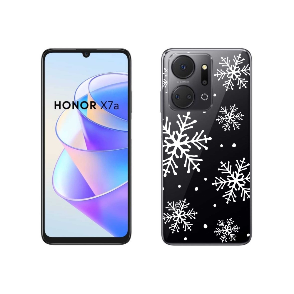 Gelový kryt mmCase na Honor X7a - bílé vločky na průhledném pozadí