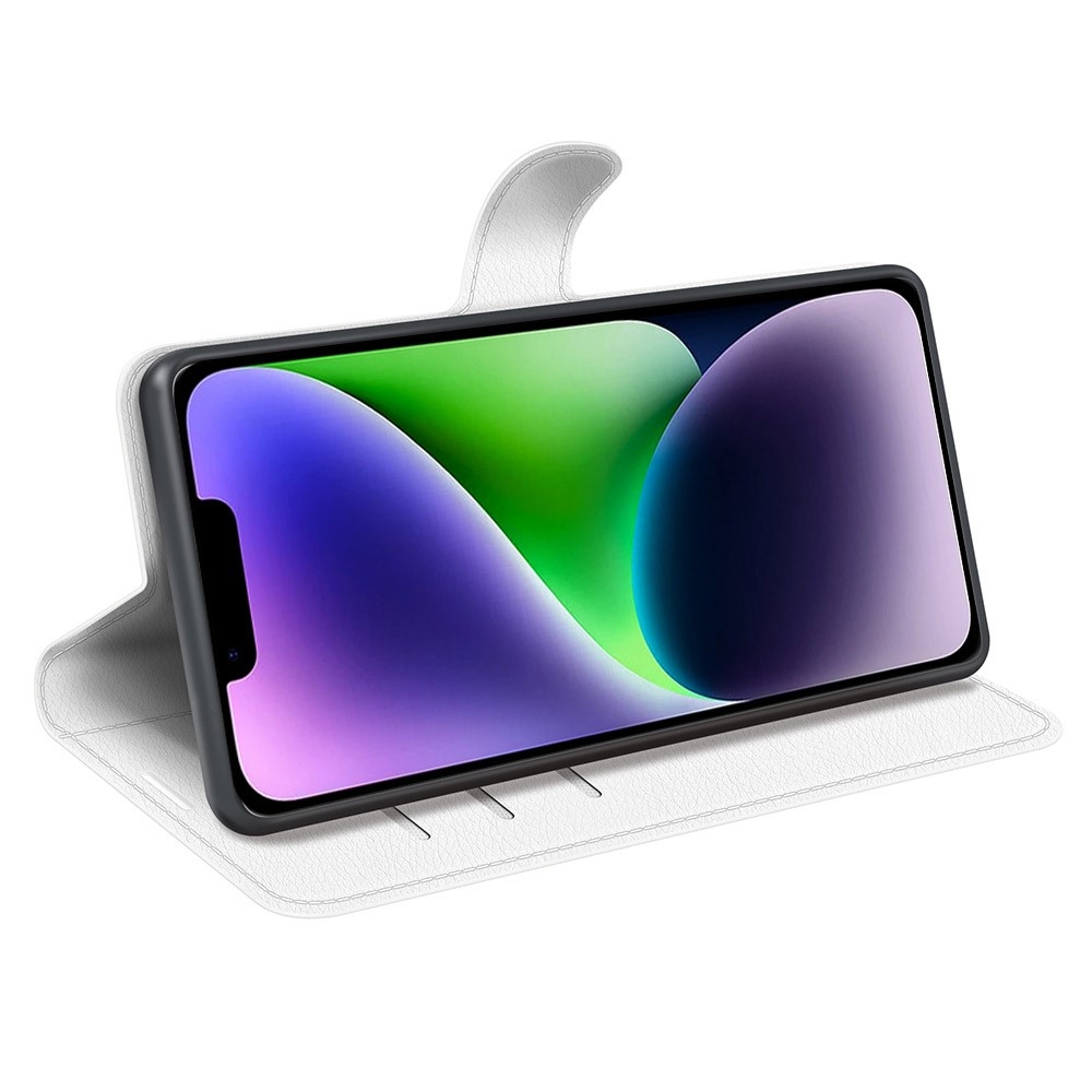 Litchi knížkové pouzdro na iPhone 15 Plus - bílé