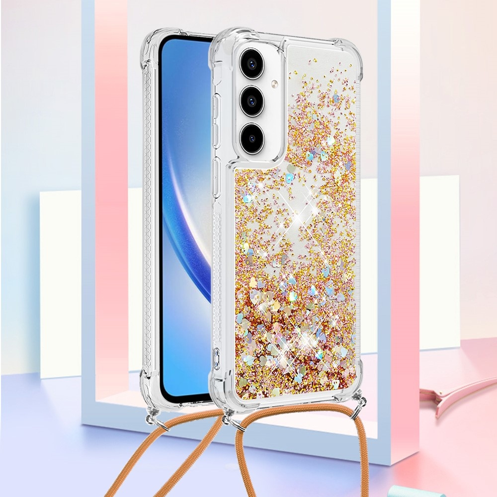 Glitters přesýpací gelový obal se šňůrkou na Samsung Galaxy A56 5G - zlatý/srdíčka