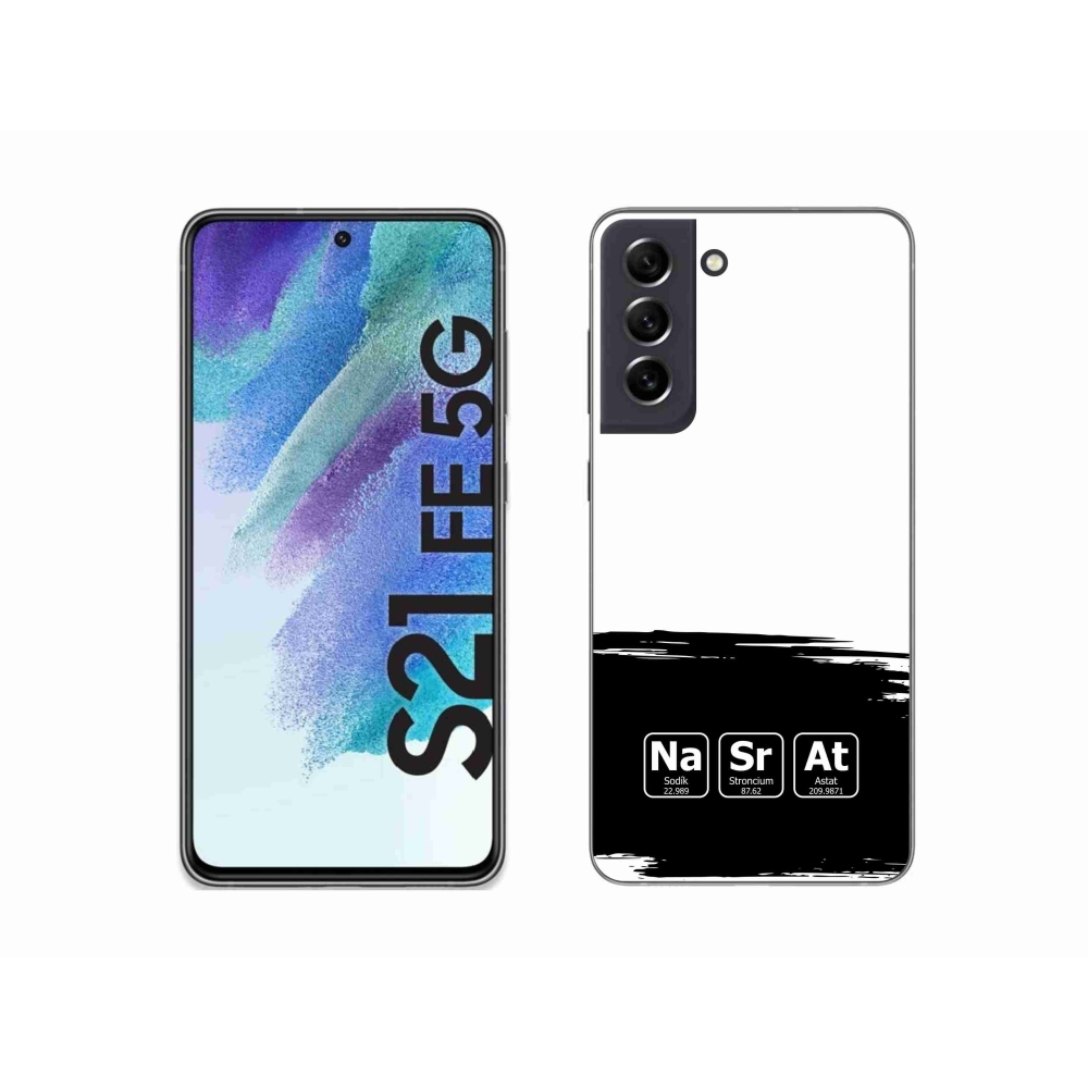 Gelový kryt mmCase na Samsung Galaxy S21 FE 5G - chemické prvky černobílé pozadí