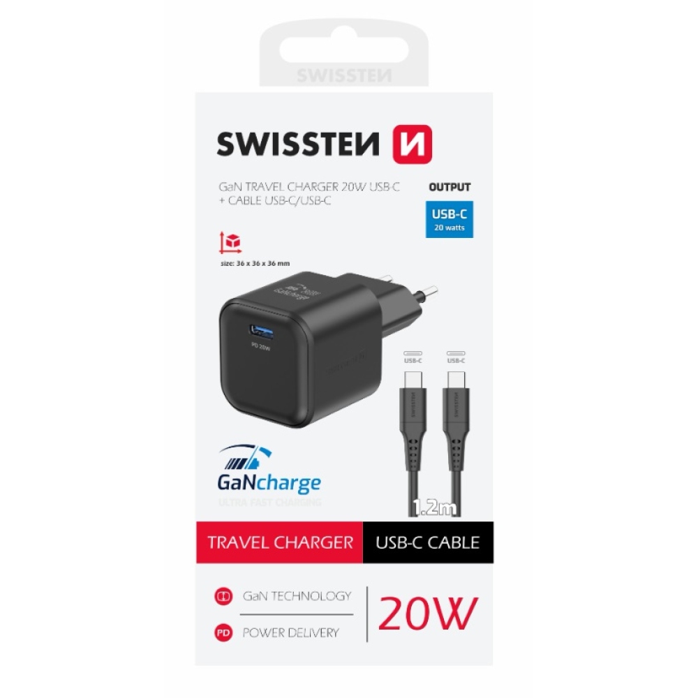 Nabíječka Swissten GaN 1x USB-C 20W Power Delivery + kabel USB-C/USB-C 1,2m - černá