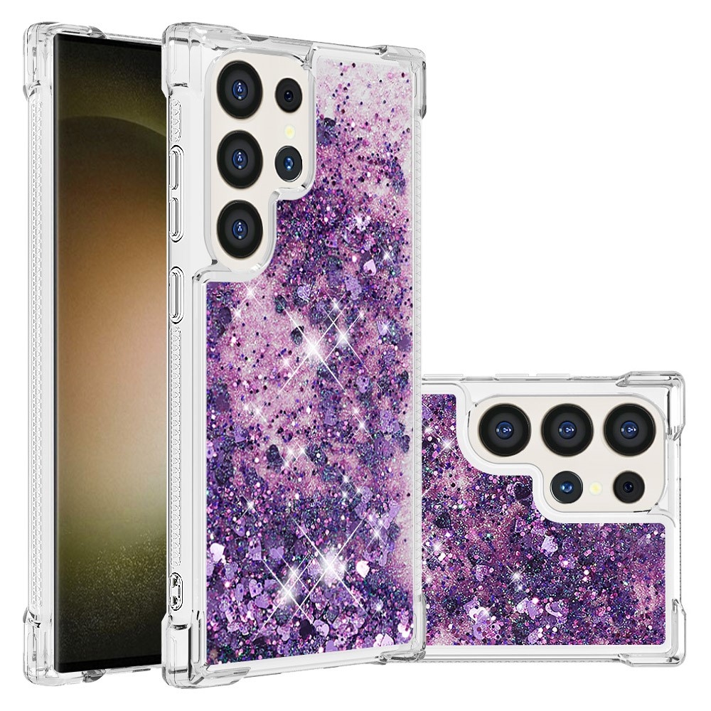 Glitter přesýpací gelový obal na Samsung Galaxy S24 Ultra - tmavěfialový/srdíčka