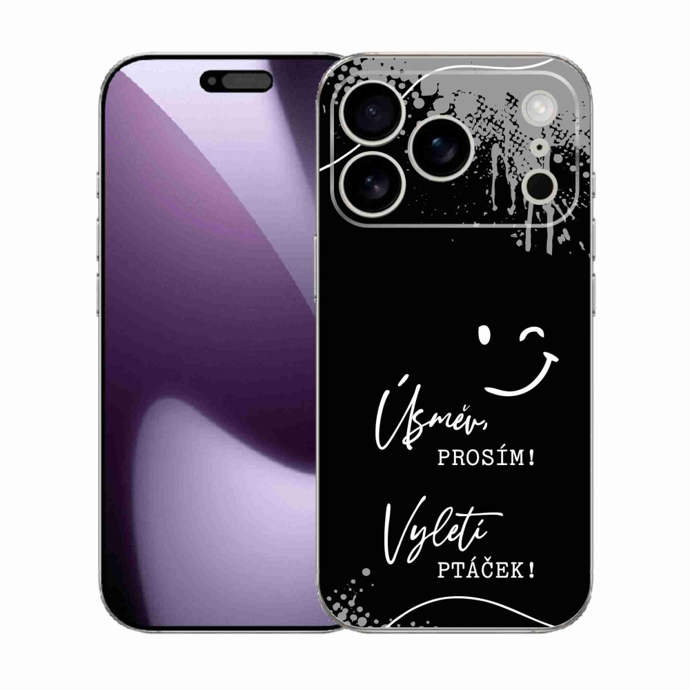 Gelový kryt mmCase na iPhone 17 Pro - vtipný text 4 černé pozadí