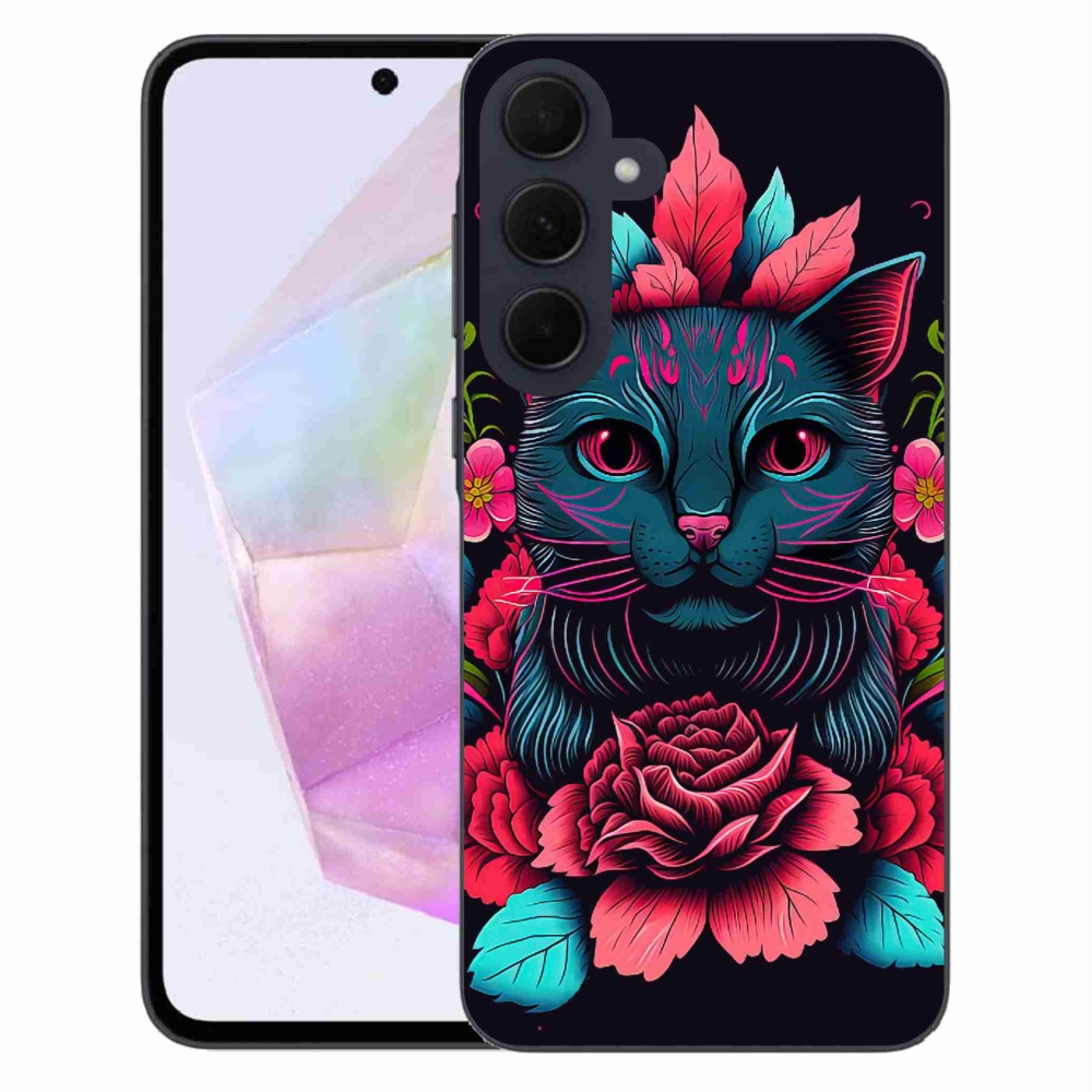 Gelový kryt mmCase na Samsung Galaxy A35 5G - květiny a kočka