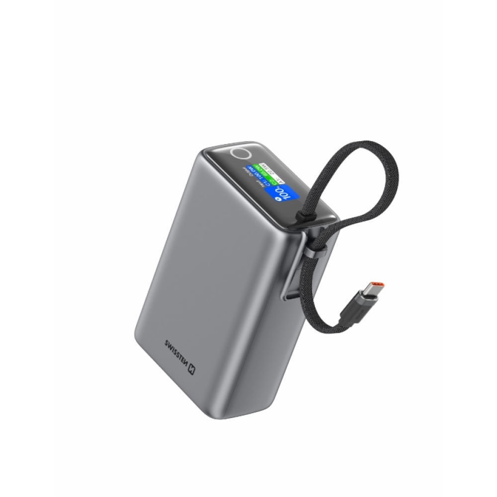 Swissten cestovní powerbanka 25000 mAh (96.25Wh) 100 W s integrovaným kabelem USB-C - šedá
