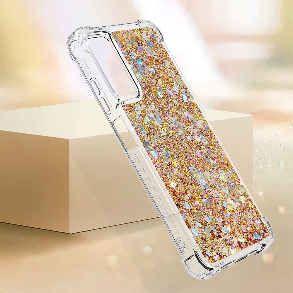 Glitter gelový přesýpací obal na Samsung Galaxy A05s - zlatý/srdíčka