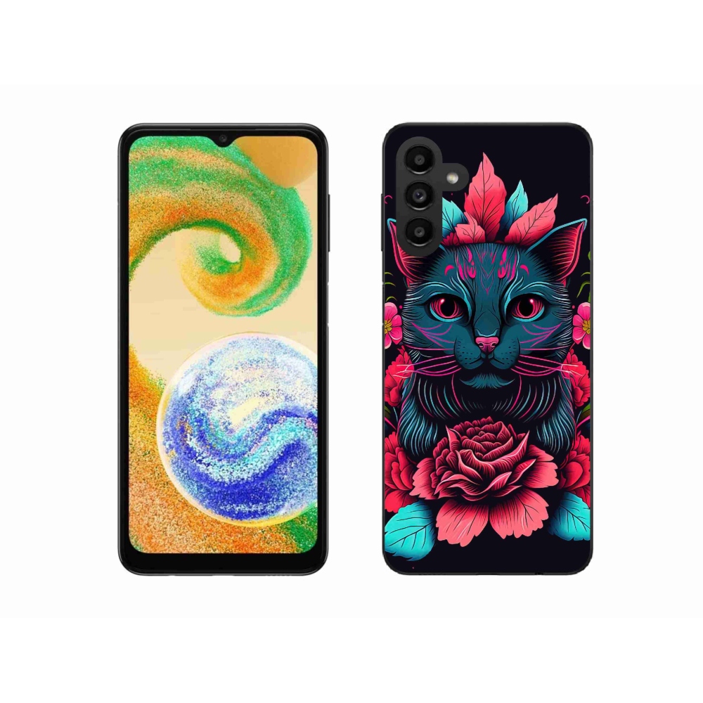 Gelový kryt mmCase na Samsung Galaxy A04s (164.7x76.7x9.1mm) - květiny a kočka