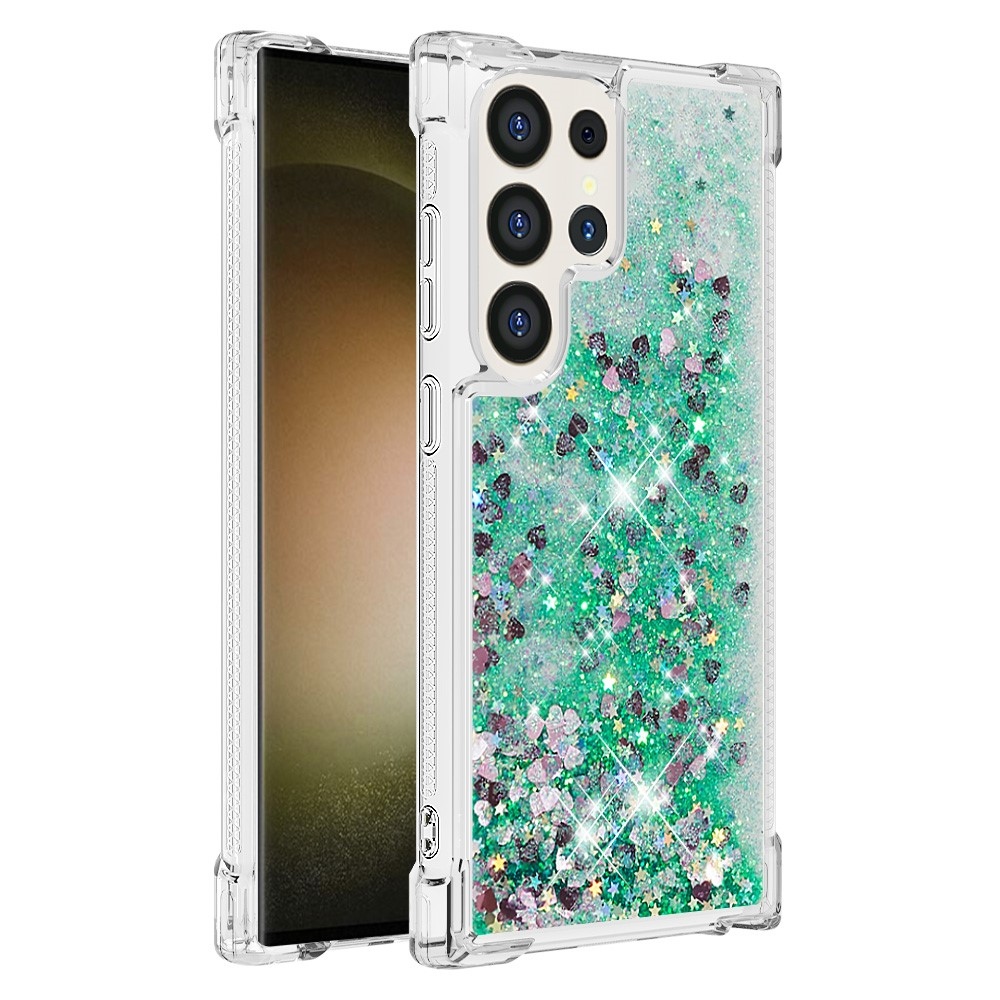Glitter přesýpací gelový obal na Samsung Galaxy S24 Ultra - zelený/srdíčka