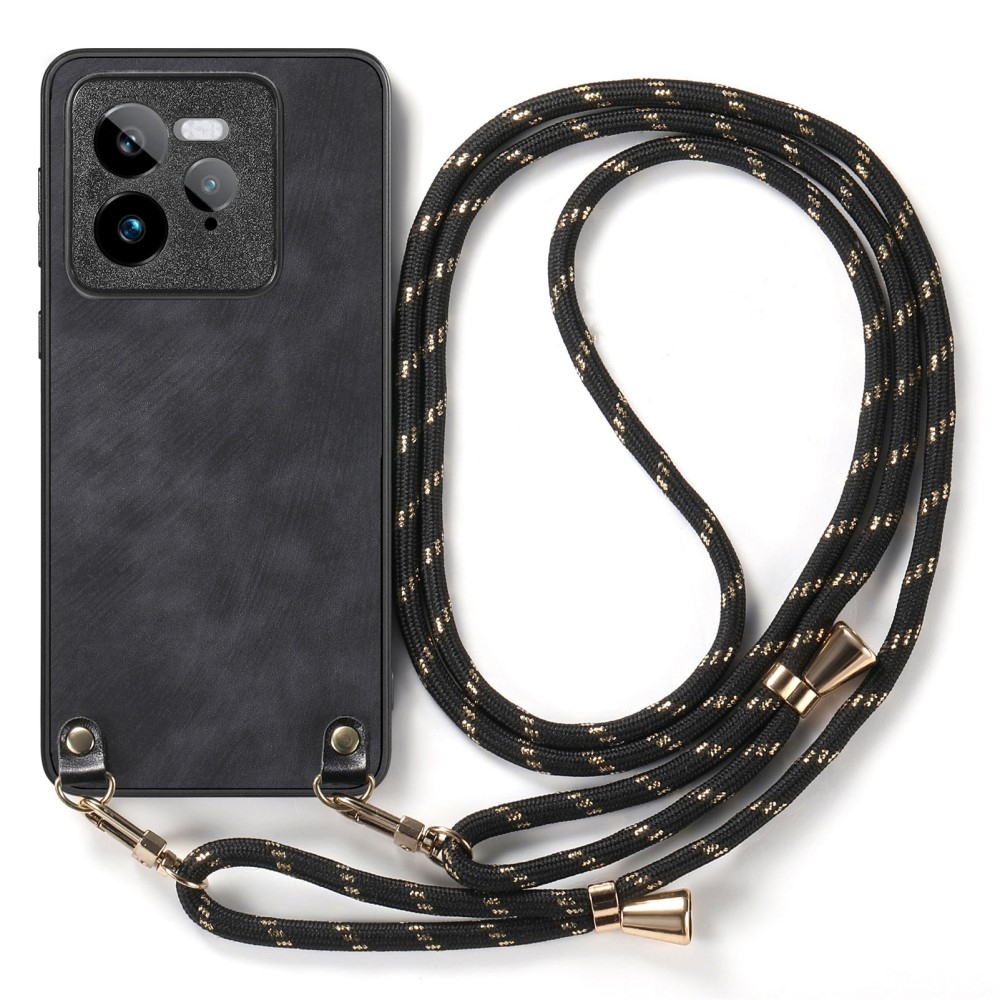 Retro gelový obal se šňůrkou a s umělou kůží na Realme GT 7 Pro 5G - černý