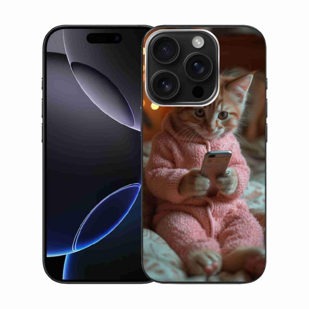 Gelový kryt mmCase na iPhone 16 Pro - kotě s mobilem