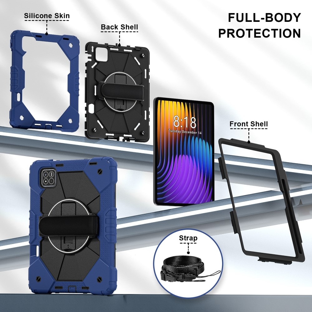 Strap odolný kryt s držákem na ruku a ramenním popruhem na Xiaomi Pad 7/7 Pro - tmavěmodrý/černý