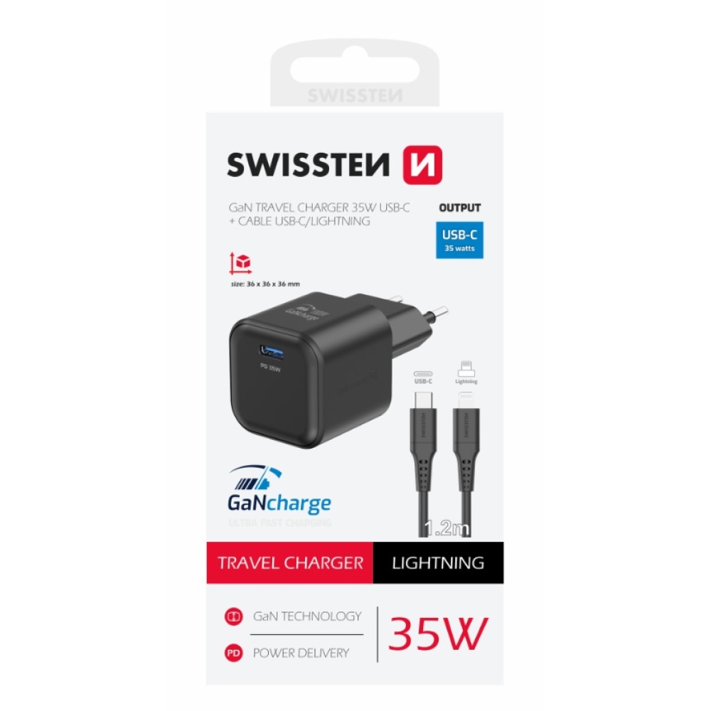 Nabíječka Swissten GaN 1x USB-C 35W power delivery + kabel USB-C/Lightning 1,2m - černá