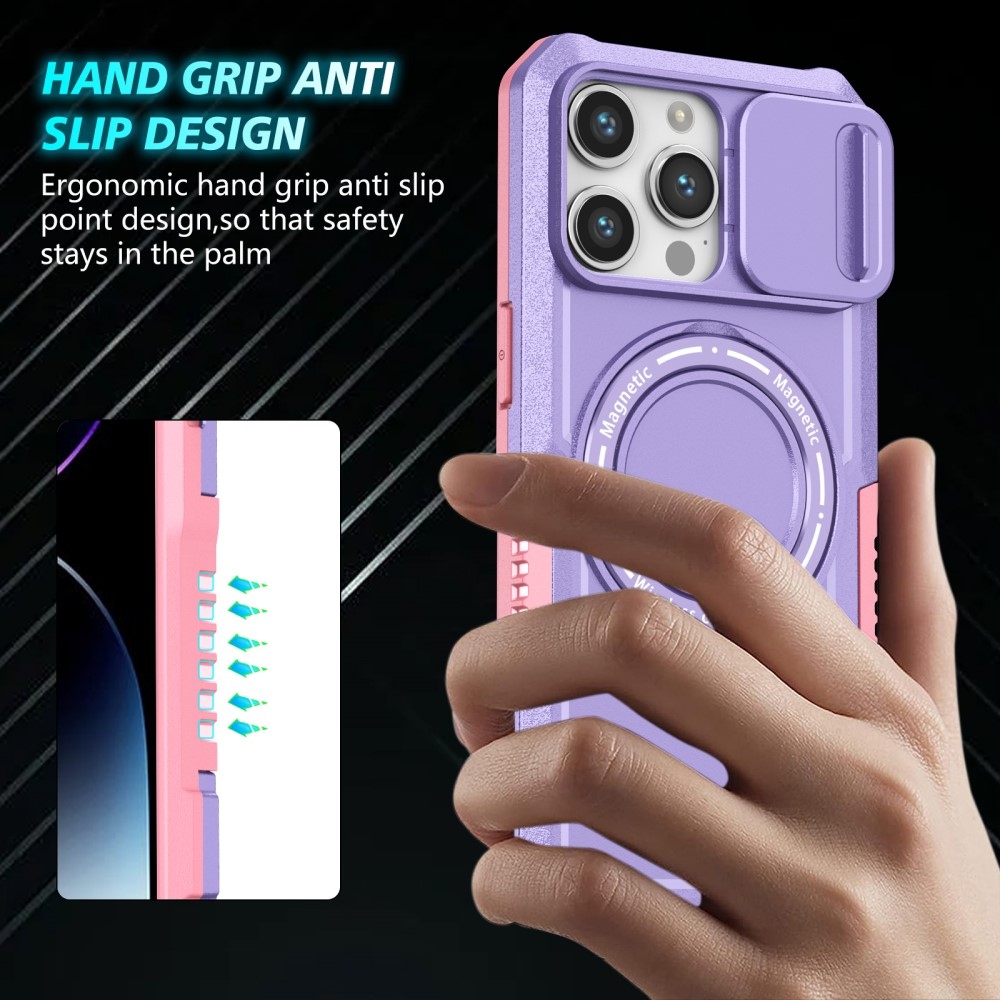 Military odolný kryt s MagSafe na iPhone 14 Pro Max - růžový/fialový