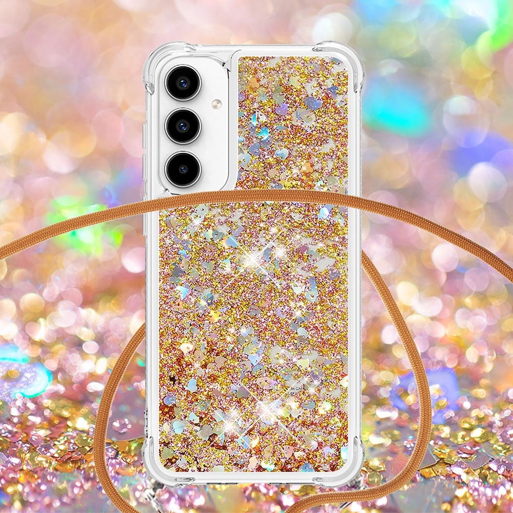 Glitters přesýpací gelový obal se šňůrkou na Samsung Galaxy A56 5G - zlatý/srdíčka