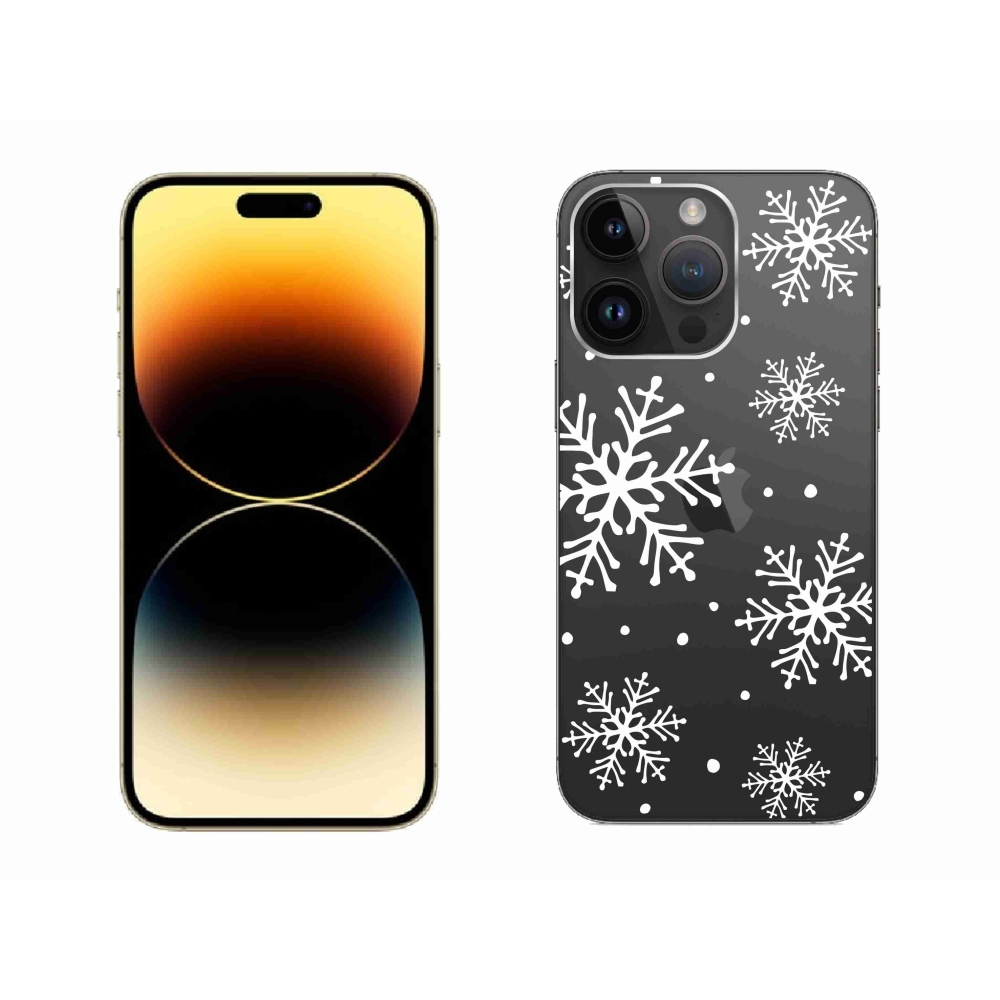 Gelový kryt mmCase na iPhone 14 Pro Max - bílé vločky na průhledném pozadí