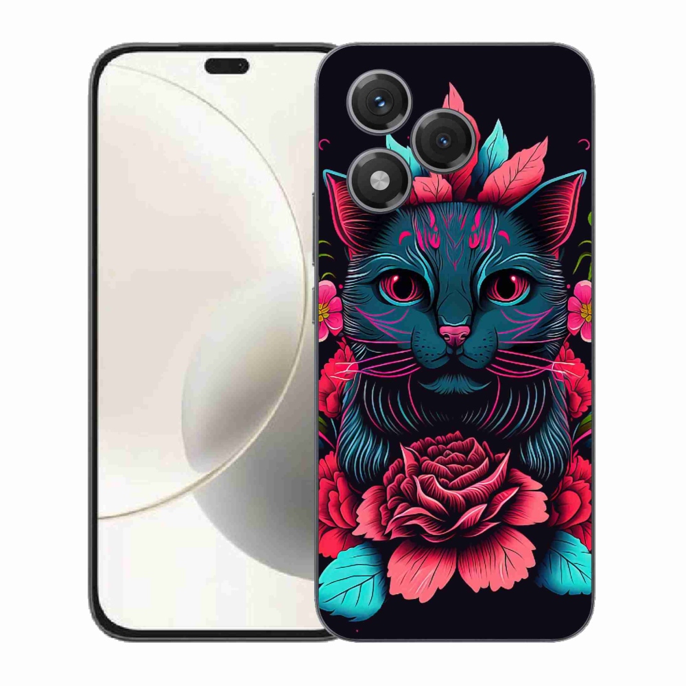 Gelový kryt mmCase na Honor 400 Lite - květiny a kočka