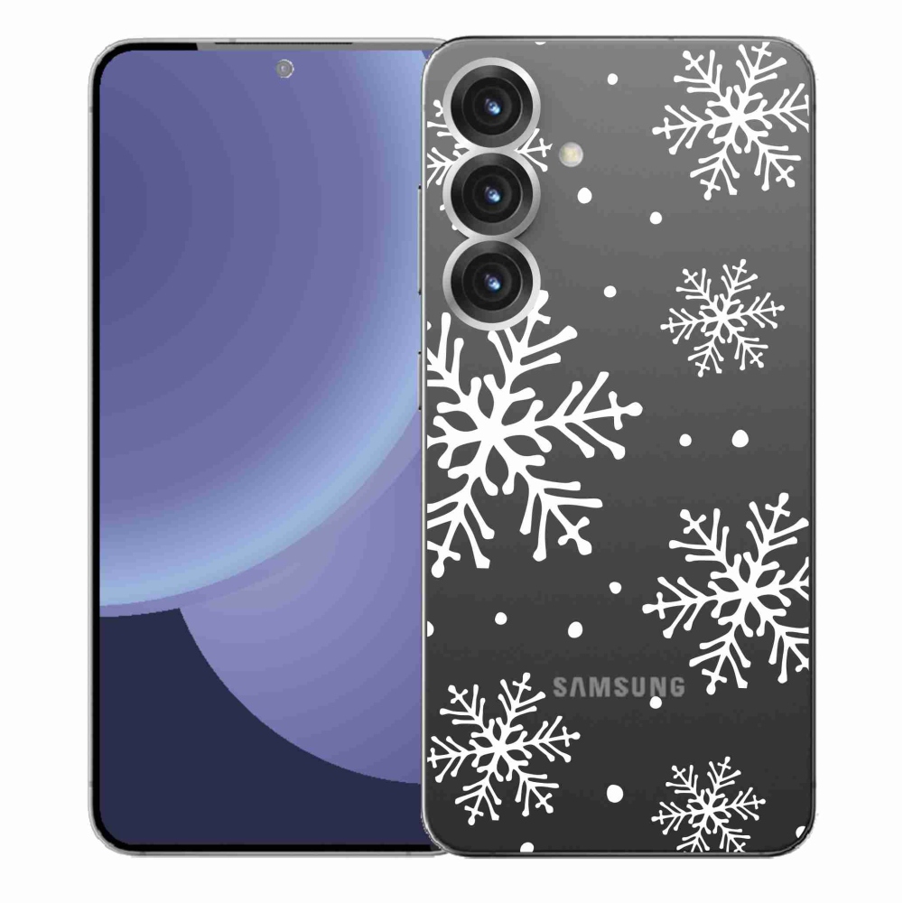 Gelový kryt mmCase na Samsung Galaxy S25+ - bílé vločky na průhledném pozadí