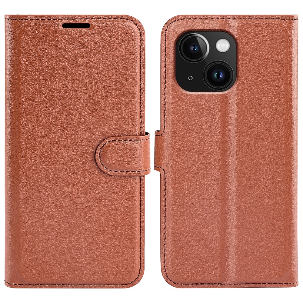 Litchi knížkové pouzdro na iPhone 15 Plus - hnědé