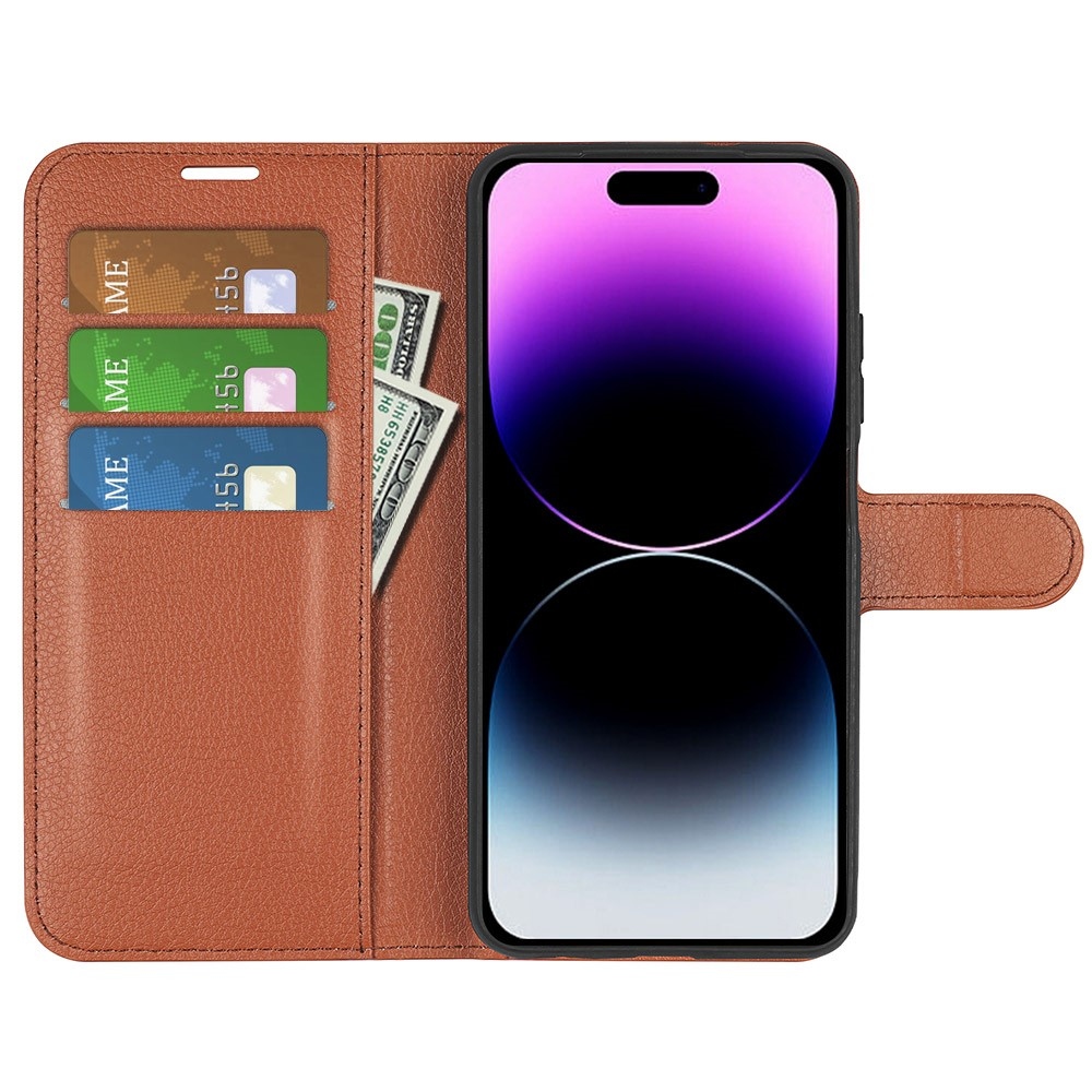 Litchi knížkové pouzdro na iPhone 15 Pro - hnědé