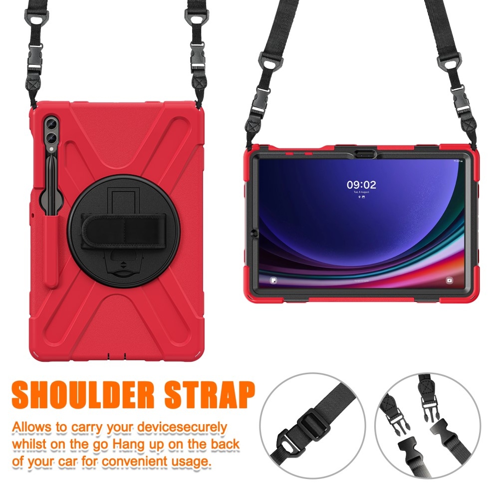 Strap odolný kryt s úchopem na ruku a popruhem na Samsung Galaxy Tab S10+/S9+/S9 FE+/S8+/S7+ - červený