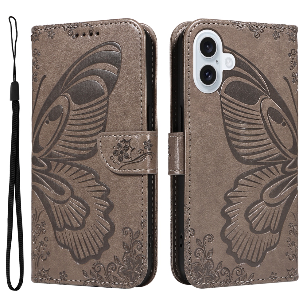 Floral Butterfly knížkové pouzdro na iPhone 17 - šedé