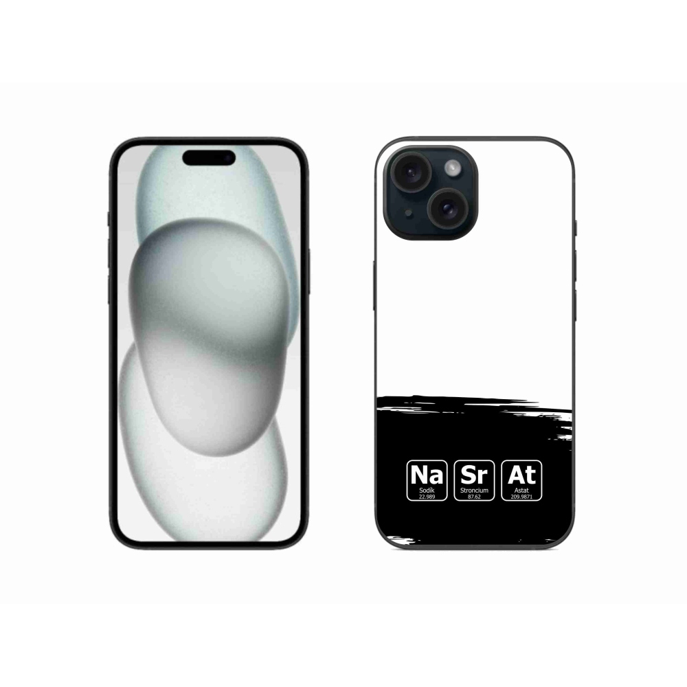 Gelový kryt mmCase na iPhone 15 - chemické prvky černobílé pozadí